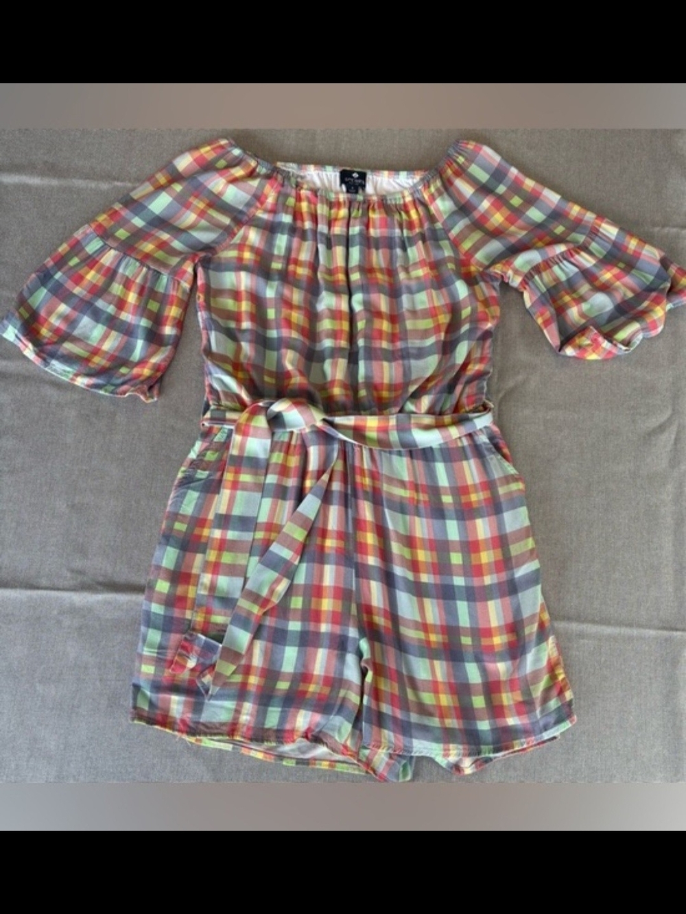 Plaid Off-Shoulder Romper in Multicolor